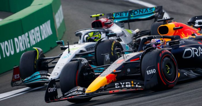 Lewis Hamilton is overtaken by Max Verstappen at the restart. Netherlands September 2022