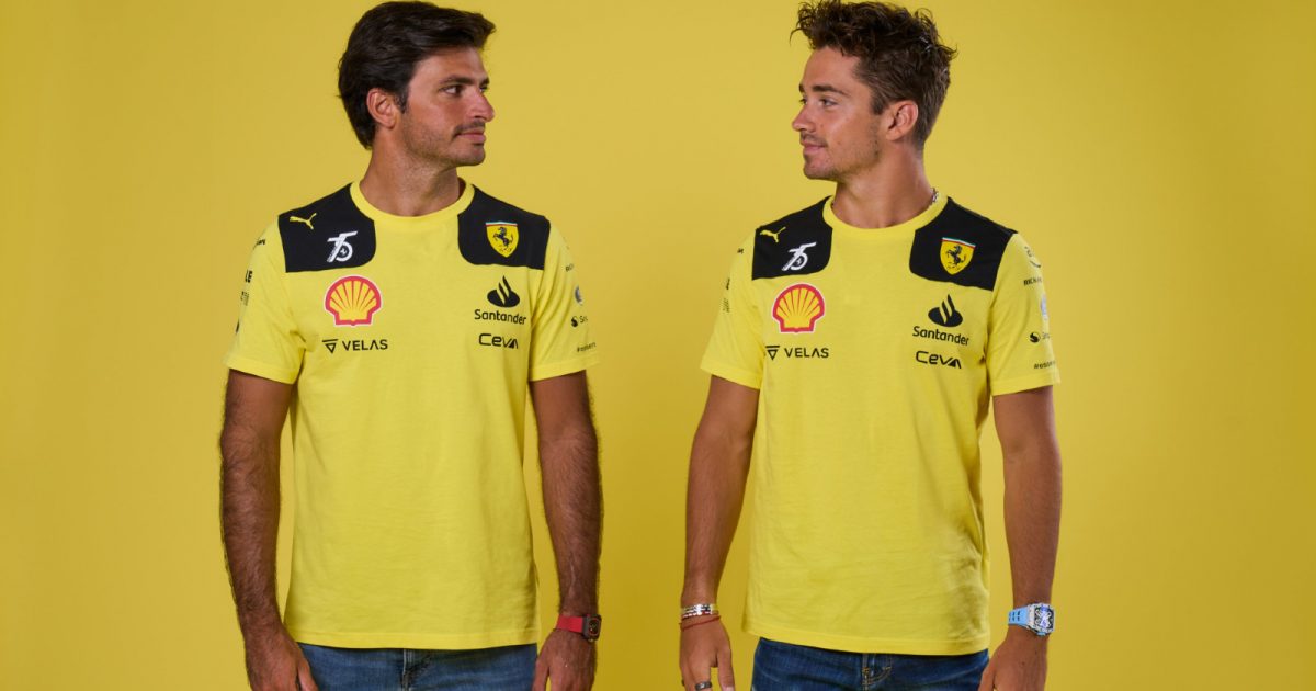 Ferrari's Carlos Sainz and Charles Leclerc pose in yellow t-shirts ahead of the Italian Grand Prix. Monza, September 2022.