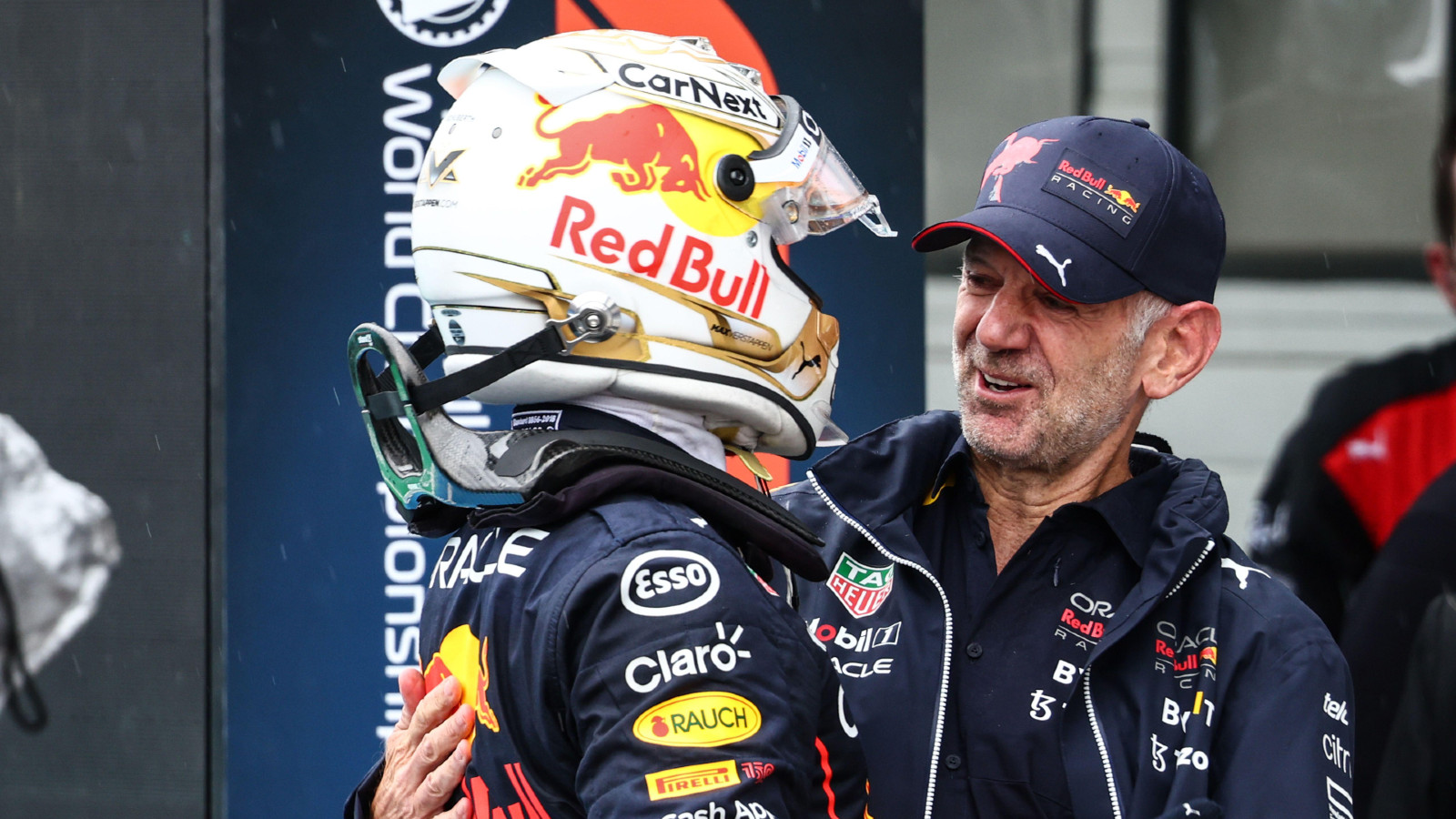 Red Bull's Max Verstappen celebrates with Adrian Newey at the Hungarian Grand Prix. Budapest, July 2022.
