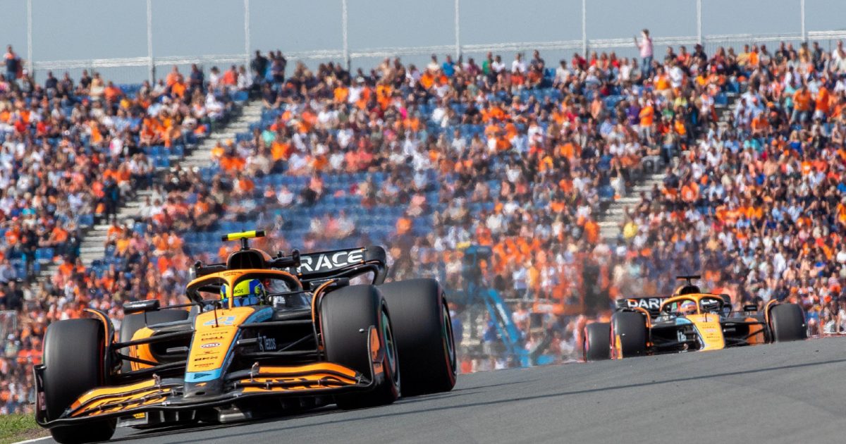 McLaren's Lando Norris leads Daniel Ricciardo at the Dutch Grand Prix. Zandvoort, September 2022.