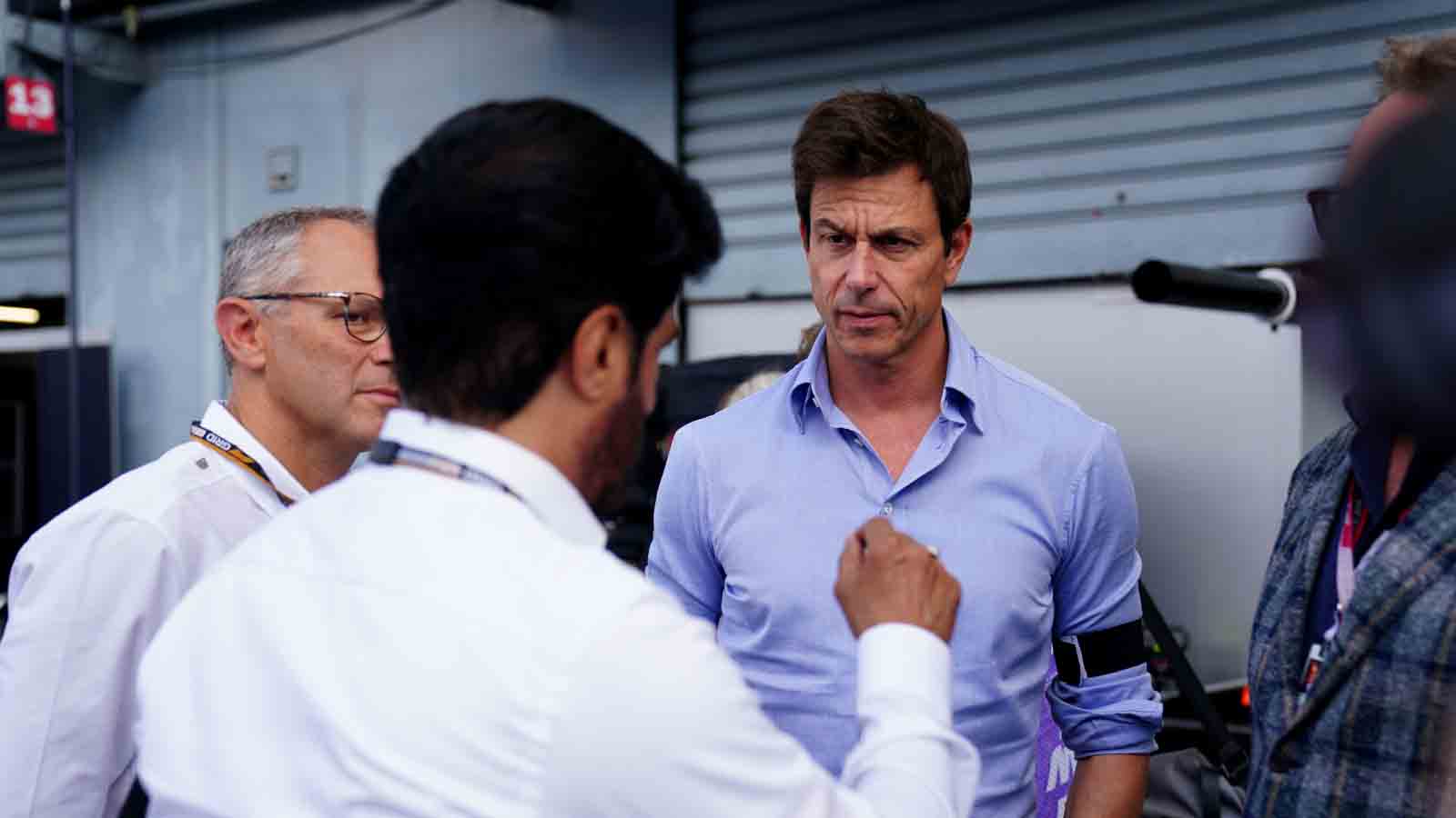 Toto Wolff speaks to FIA officials. Monza September 2022.