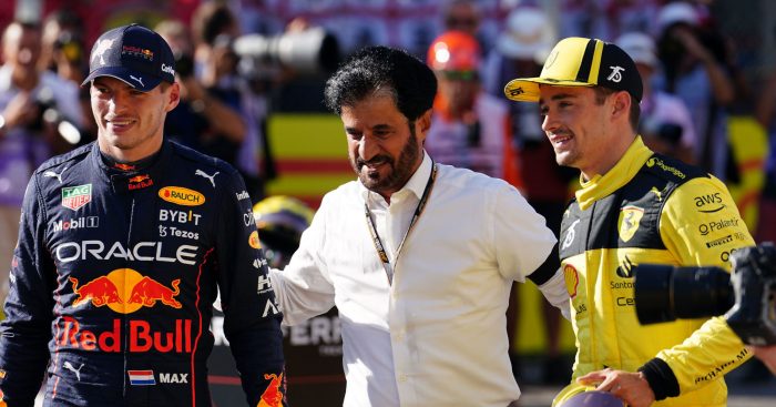 Max Verstappen and Charles Leclerc walking with Mohammed Ben Sulayem. Italy September 2022