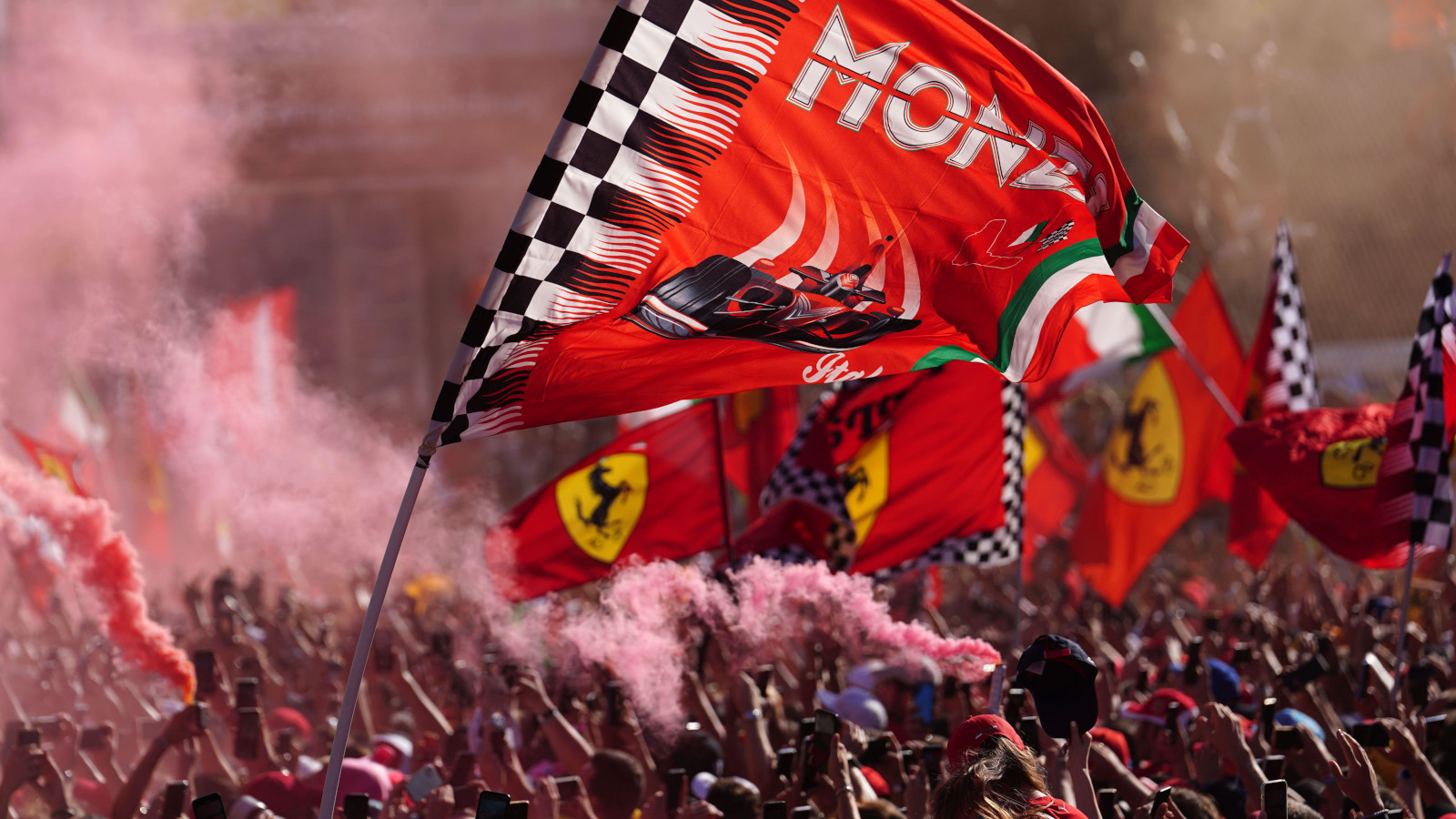 The Ferrari Tifosi with flags and flares. Italy September 2022