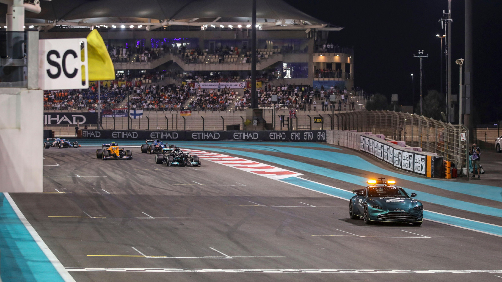 The Safety Car leads the pack at the 2021 Abu Dhabi Grand Prix. Yas Marina, December 2021.