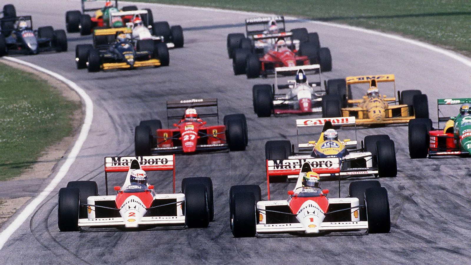 McLaren's Ayrton Senna races Alain Prost at the 1989 San Marino Grand Prix. Imola, April 1989.