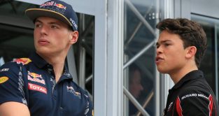 Max Verstappen standing with Nyck de Vries. Hungaroring July 2016.