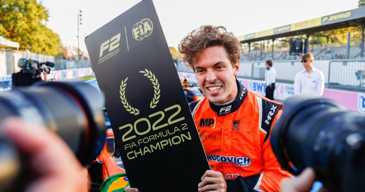 Felipe Drugovich celebrates securing the F2 title. Monza September 2022.