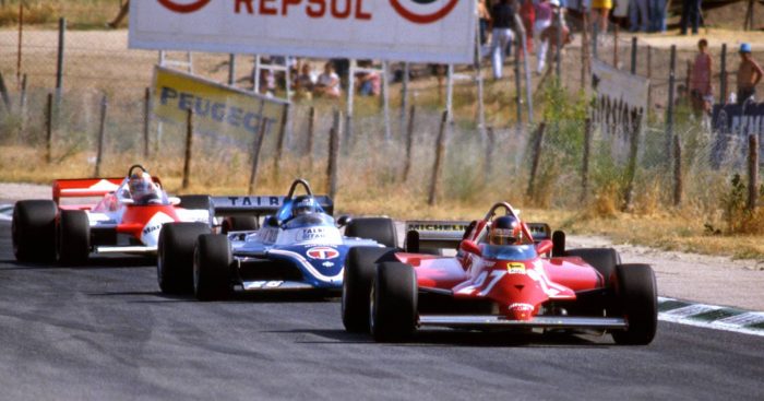 Gilles Villeneuve leads the Spanish Grand Prix. Jarama June 1980.