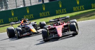 Ferrari's Carlos Sainz leads Max Verstappen at the Belgian Grand Prix. Spa-Francorchamps, August 2022.