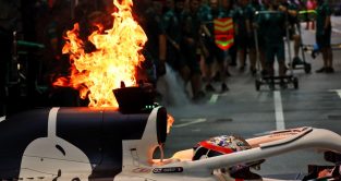Fire coming from the AlphaTauri driven by Pierre Gasly. Singapore, September 2022.