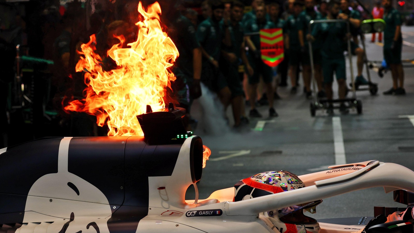Fire coming from the AlphaTauri driven by Pierre Gasly. Singapore, September 2022.