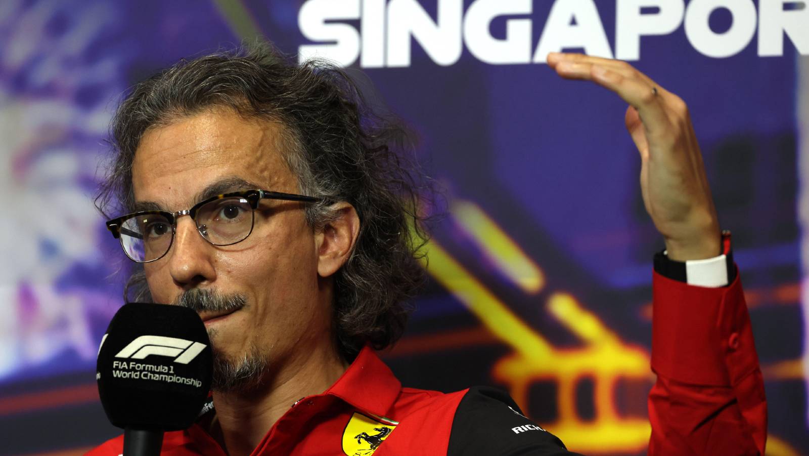 Ferrari sporting director Laurent Mekies gestures during a press conference. Singapore October 2022.
