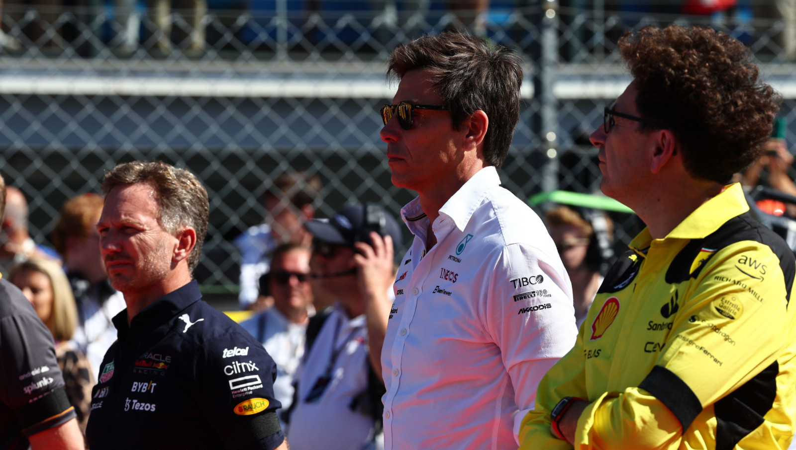 Christian Horner, Toto Wolff et Mattia Binotto sur la grille.  Monaco Septembre 2022