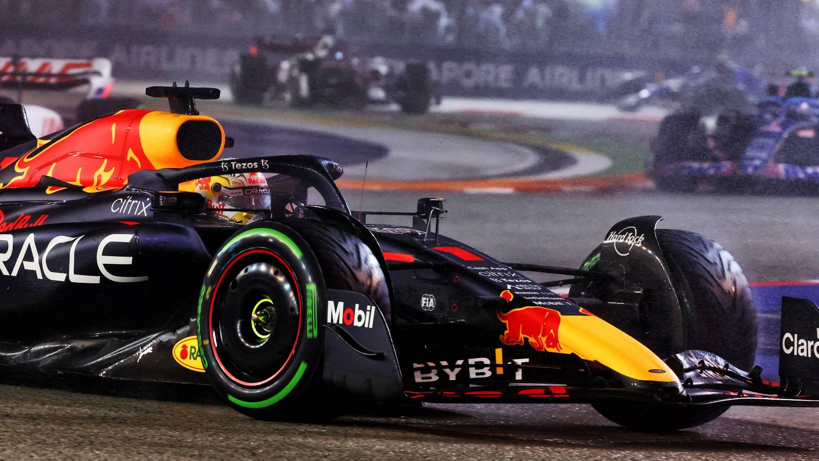 Max Verstappen, Red Bull, on intermediate tyres. Singapore, October 2022.