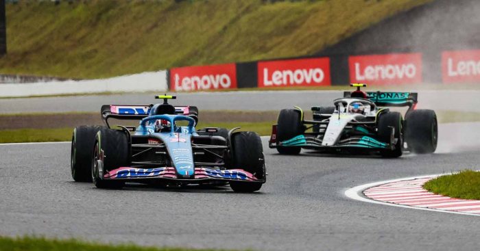 Lewis Hamilton trails Esteban Ocon. Suzuka October 2022.