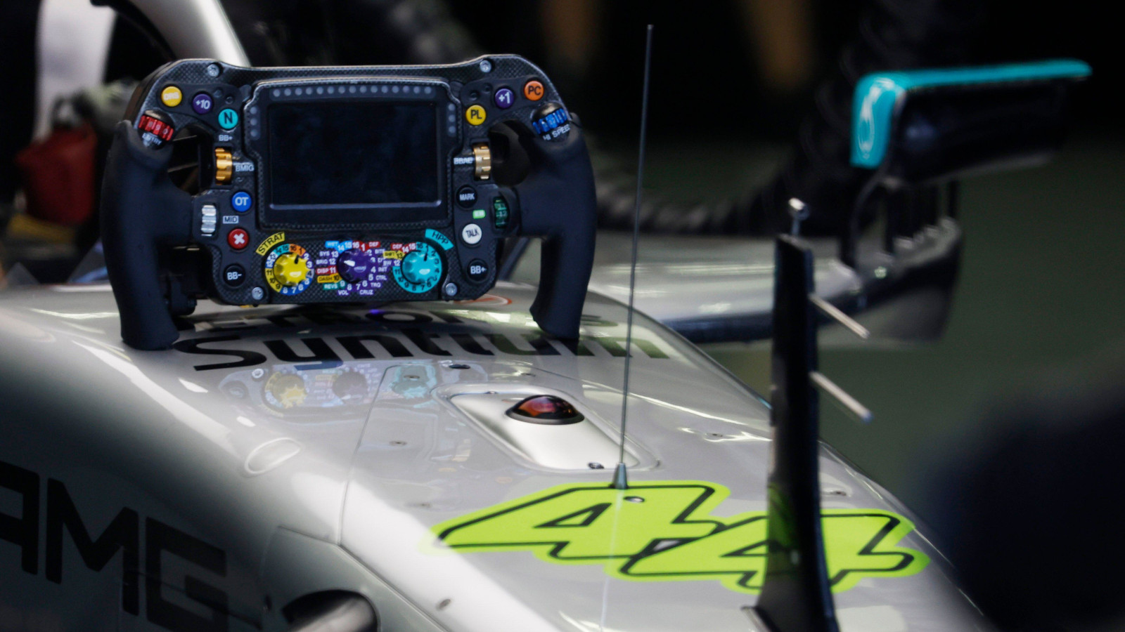 Lewis Hamilton's Mercedes 44 with its steering wheel. Bahrain March 2022