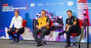 Jost Capito, Zak Brown and Red Bull team boss Christian Horner at press conference. Austin October 2022.