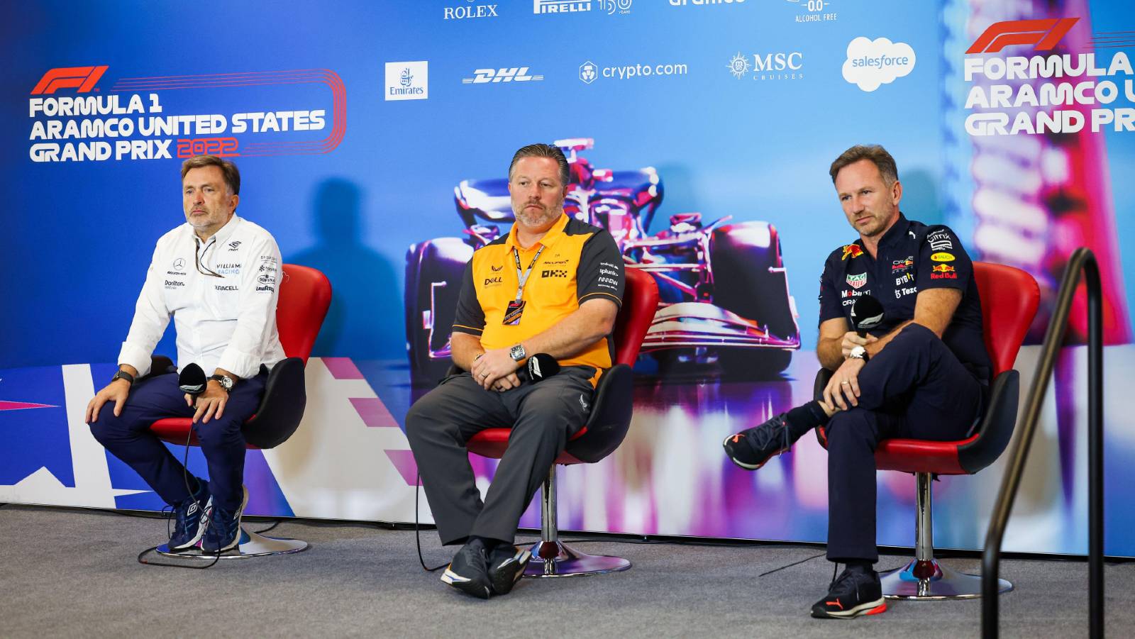 Jost Capito, Zak Brown et Christian Horner lors d'une conférence de presse.  Austin octobre 2022.