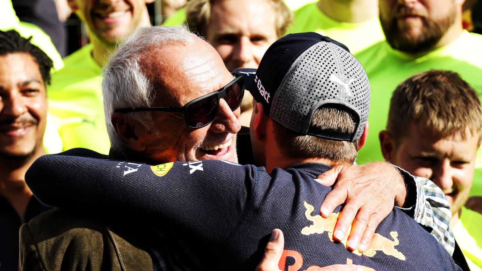Dietrich Mateschitz hugs Max Verstappen. Austria, July 2018.