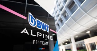 Alpine F1 signage on the wall. Miami May 2022