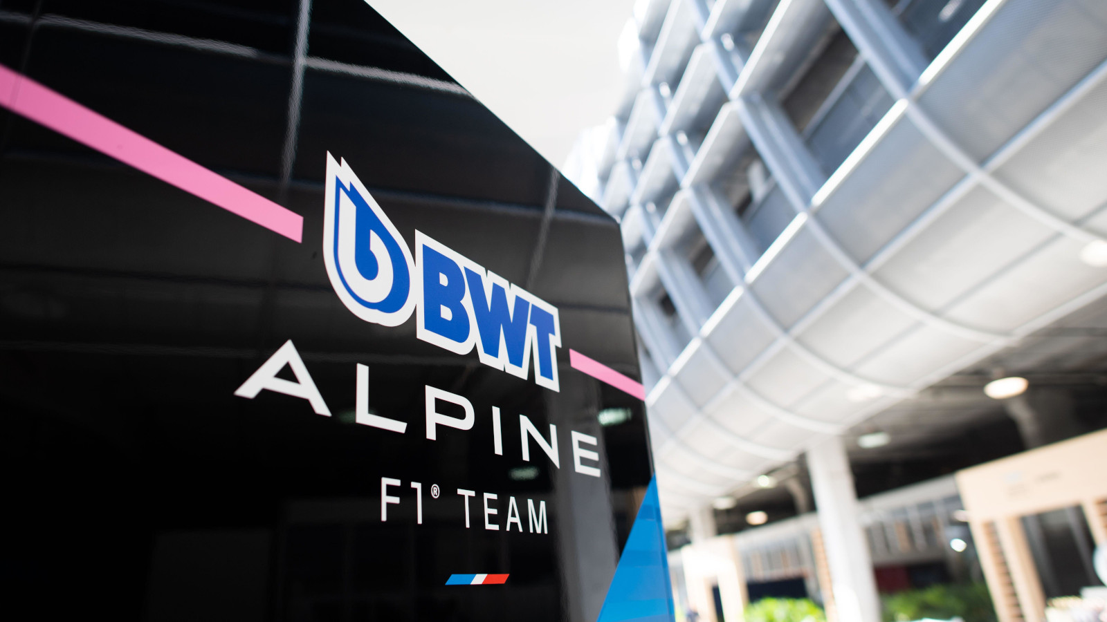 Alpine Renault F1 signage on the wall. Miami May 2022