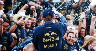 Max Verstappen sprays Red Bull in title celebration. United States, October 2022.