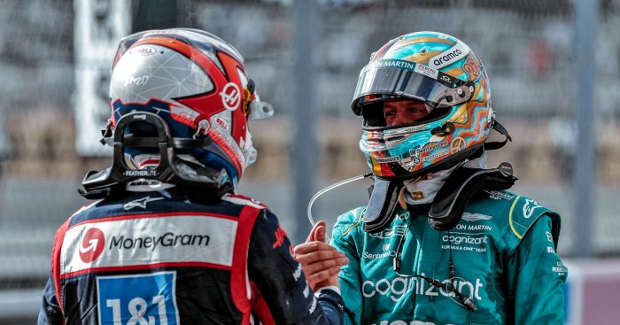 Kevin Magnussen and Sebastian Vettel shake downs from Aston Martin social. Austin October 2022