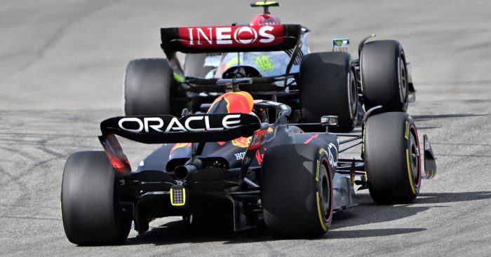Max Verstappen chases down Lewis Hamilton for the lead. Austin October 2022