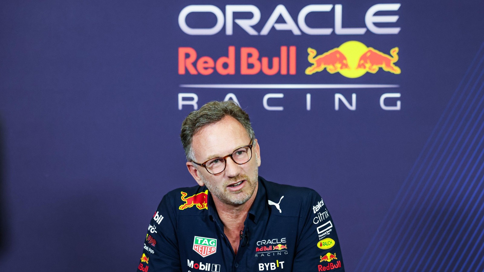Christian Horner, Red Bull, speaks to reporters. Mexico, October 2022.