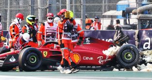 The damaged Ferrari of Charles Leclerc after his FP2 crash. Mexico October 2022