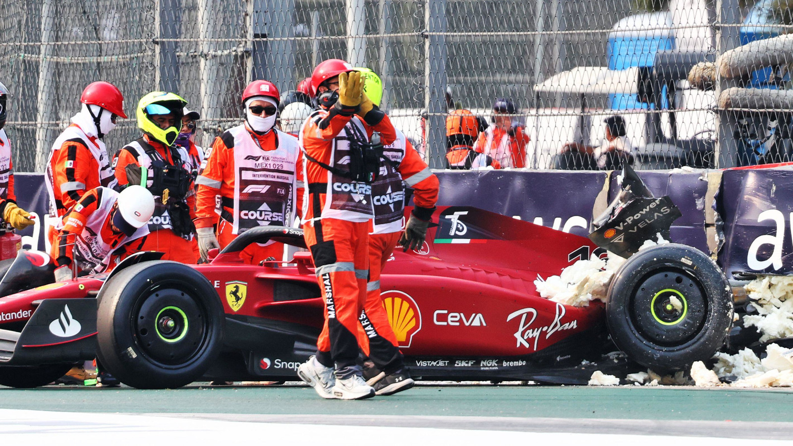 The damaged Ferrari of Charles Leclerc after his FP2 crash. Mexico October 2022