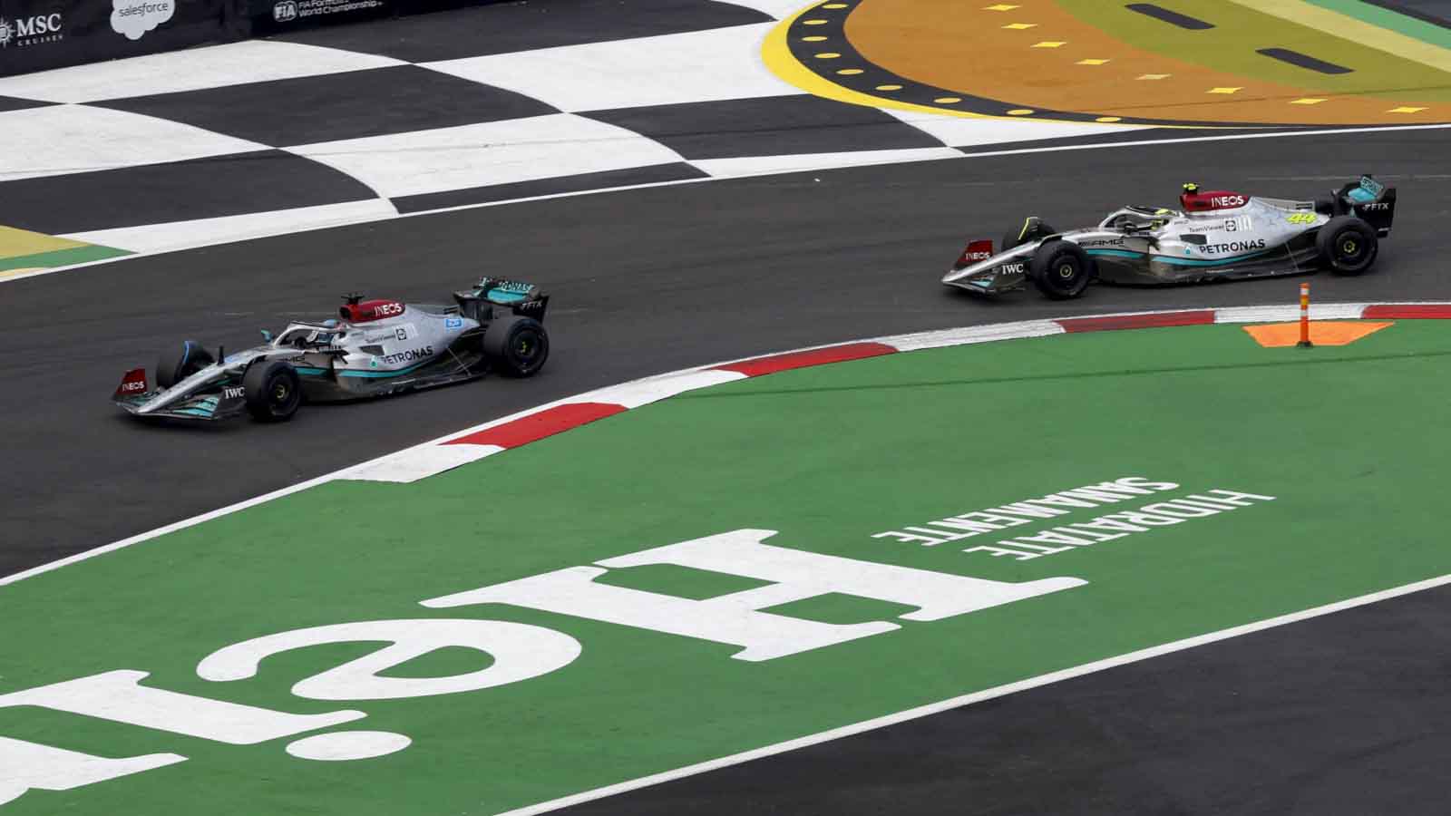 George Russell and Lewis Hamilton in FP3. Mexico October 2022.