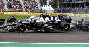 Daniel Ricciardo, McLaren, sends Yuki Tsunoda, AlphaTauri, off the ground. Mexico, October 2022.