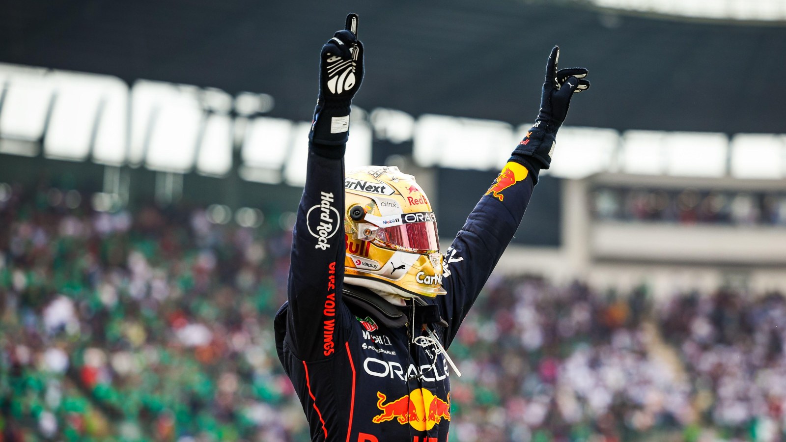 Max Verstappen celebrating. Mexico City, October 2022.