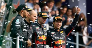 Lewis Hamilton Max Verstappen Sergio Perez on the Mexican GP podium. Mexico October 2022