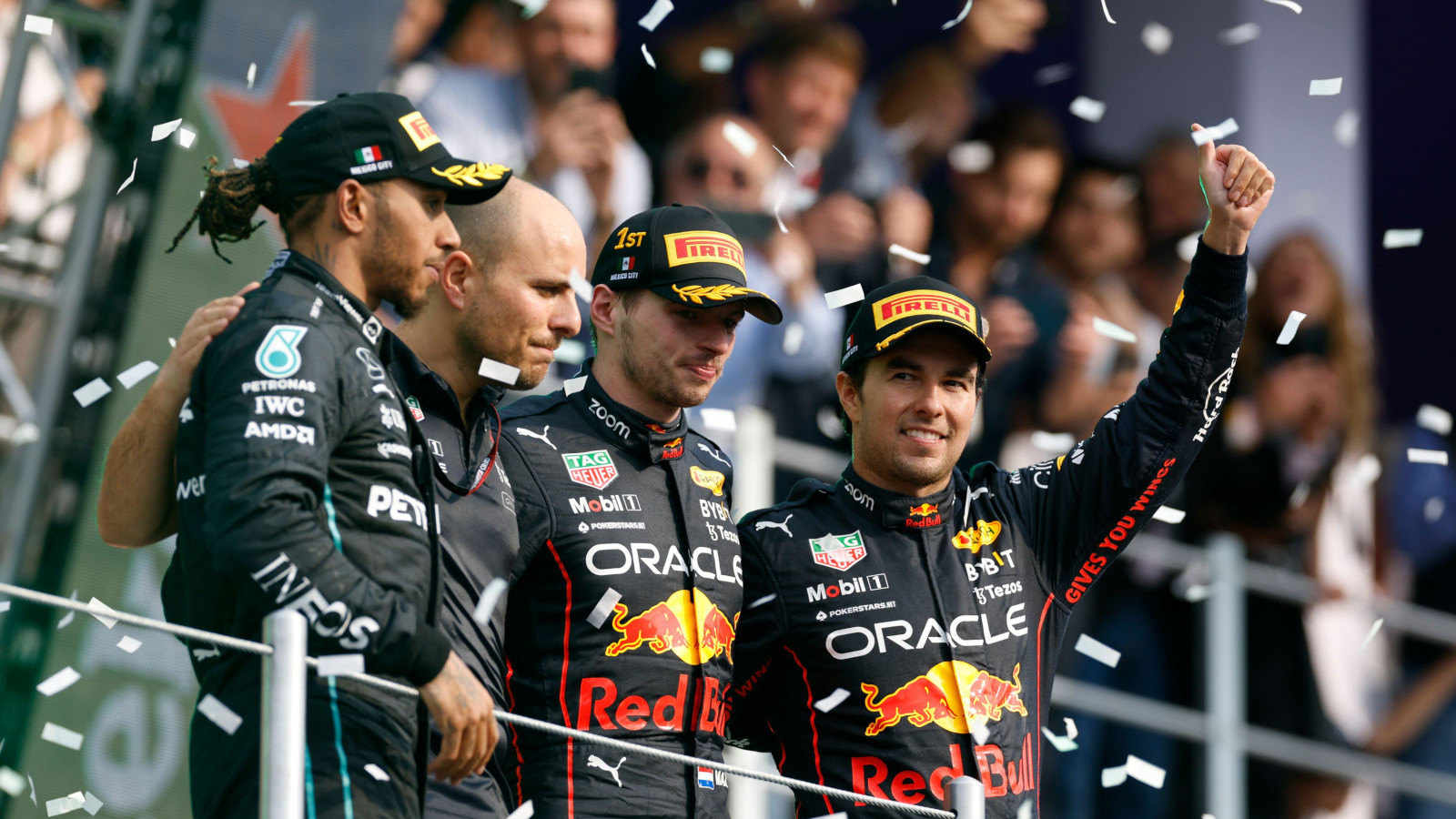 Lewis Hamilton Max Verstappen Sergio Perez on the Mexican GP podium. Mexico October 2022