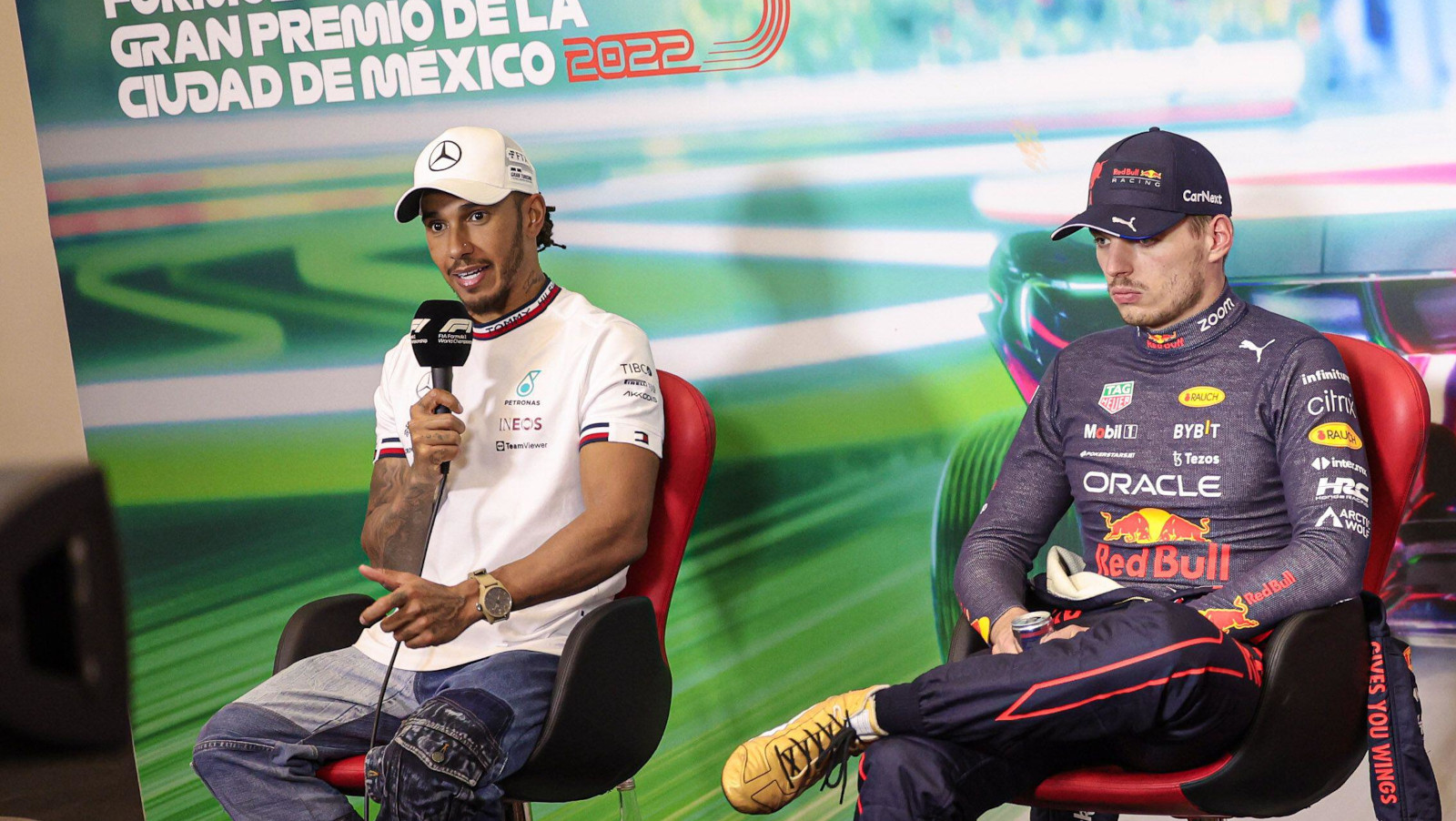 Lewis Hamilton and Max Verstappen in the post-race press conference. Mexico October 2022