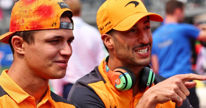 :ando Norris and Daniel Ricciardo laughing on the driver parade. Mexico October 2022