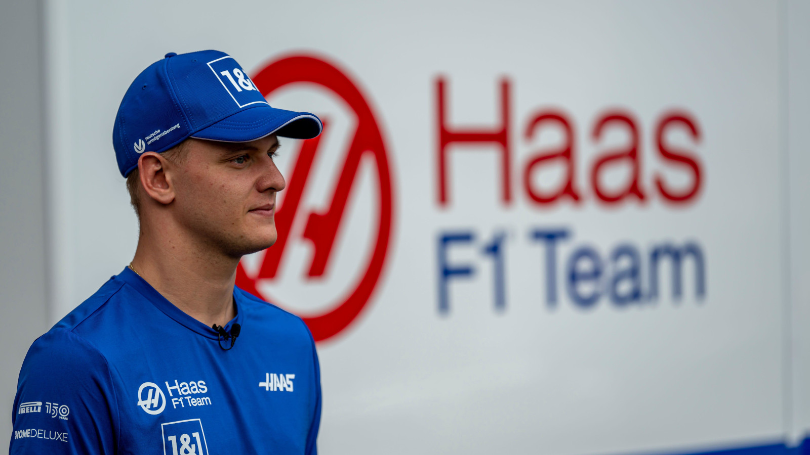Mick Schumacher with the Haas branding in the background. Mexico October 2022