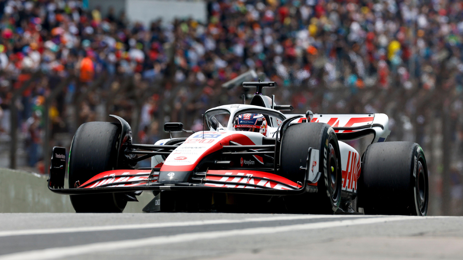 Haas' Kevin Magnussen on track at the Brazilian Grand Prix. Sao Paulo, November 2022.