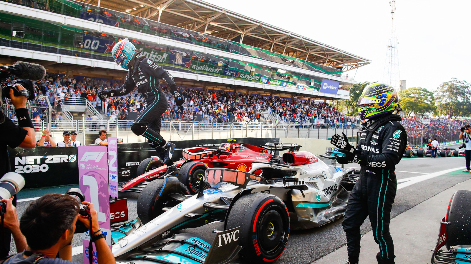 Lewis Hamilton applauds George Russell after his sprint race win. Brazil November 2022