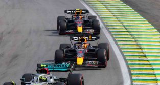 Sergio Perez follows Max Verstappen. Sao Paulo November 2022.