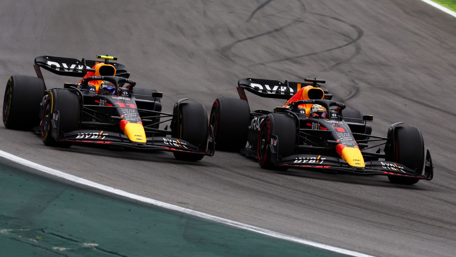 Sergio Perez side by side with Red Bull team-mate Max Verstappen. Brazil November 2022