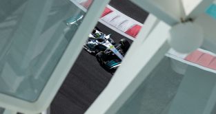 Lewis Hamilton aerial shot at the Yas Marina circuit. Abu Dhabi November 2022