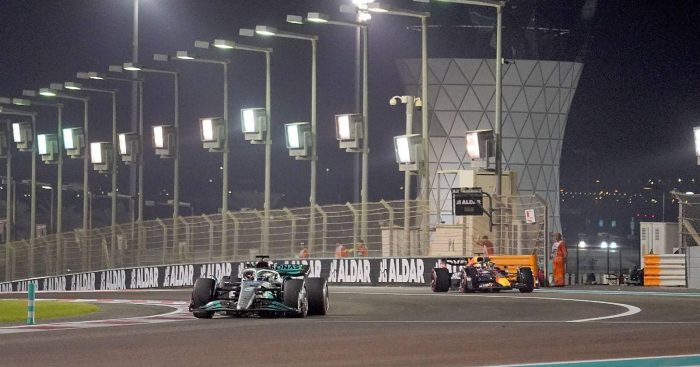 George Russell, Mercedes, followed by Max Verstappen, Red Bull. Abu Dhabi, November 2022.
