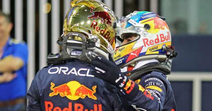 Sergio Perez congratulates and thanks Max Verstappen. Abu Dhabi November 2022