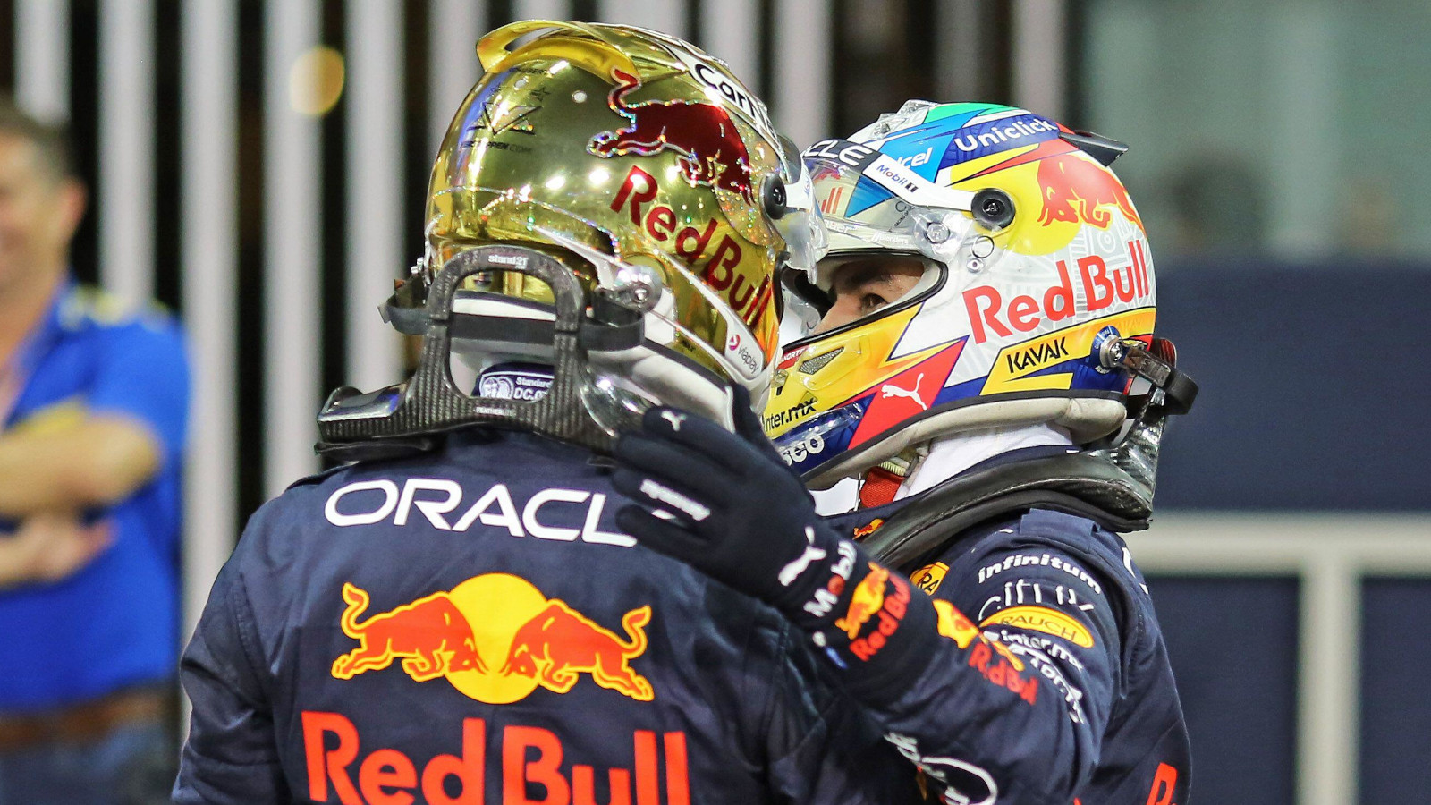 Sergio Perez congratulates and thanks Max Verstappen. Abu Dhabi November 2022