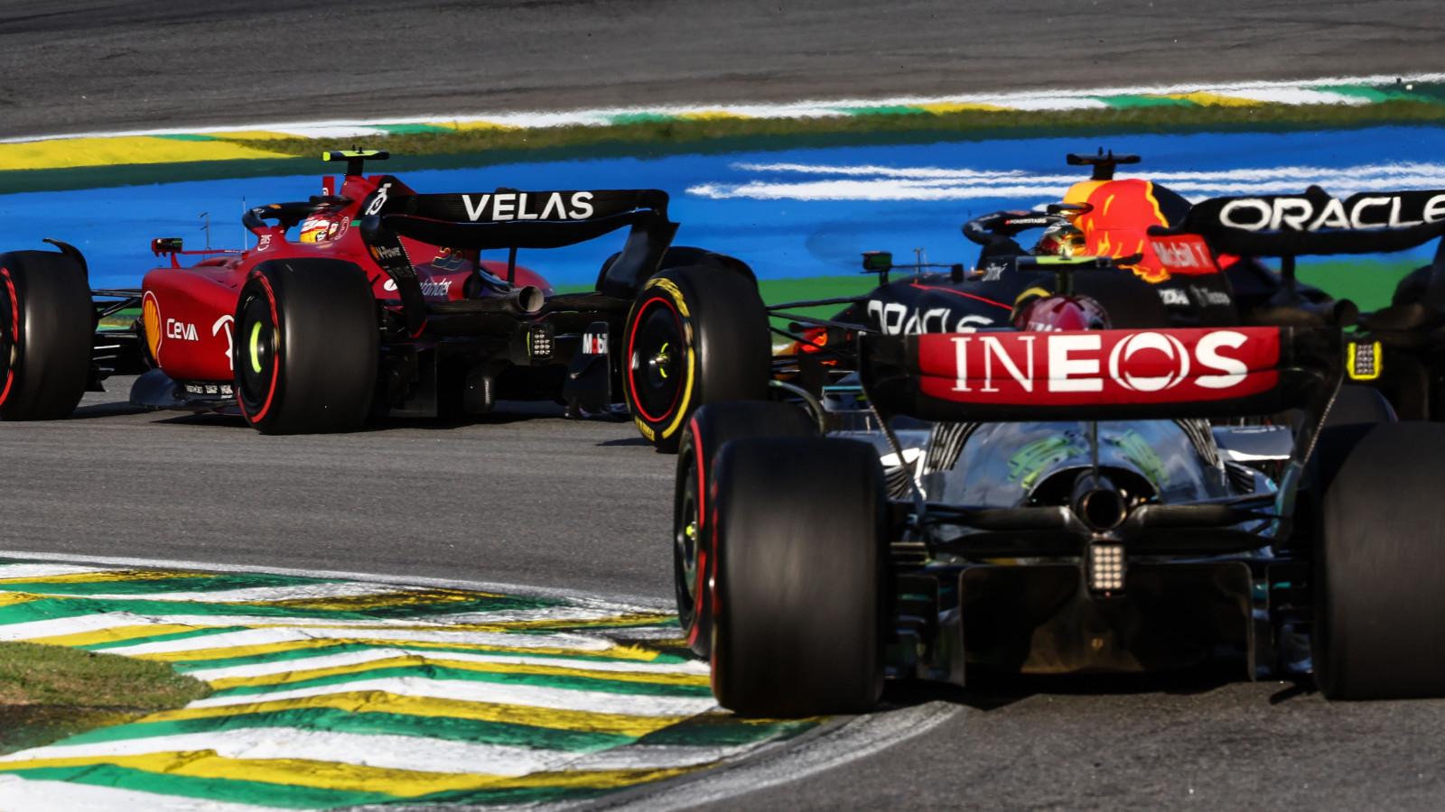Carlos Sainz leads Max Verstappen and Lewis Hamilton. Brazil November 2022