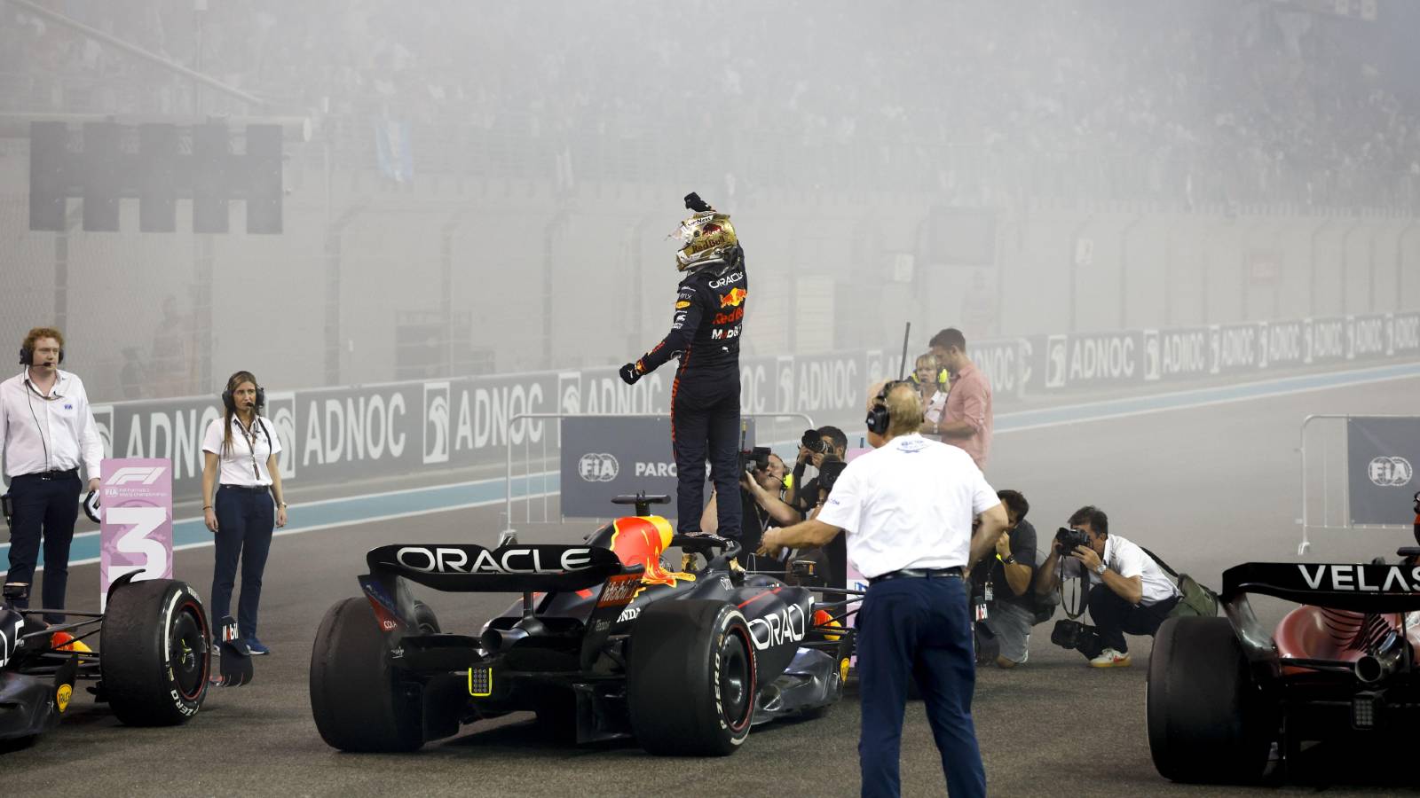 Max Verstappen celebrates Abu Dhabi Grand Prix victory. Yas Marina November 2022.