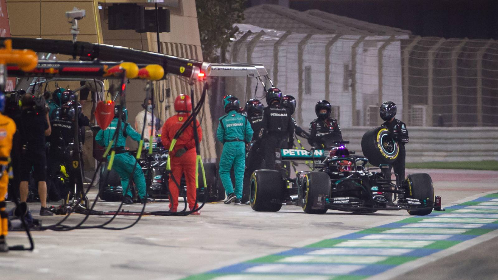 George Russell leaves the Mercedes pit box. Bahrain December 2020.